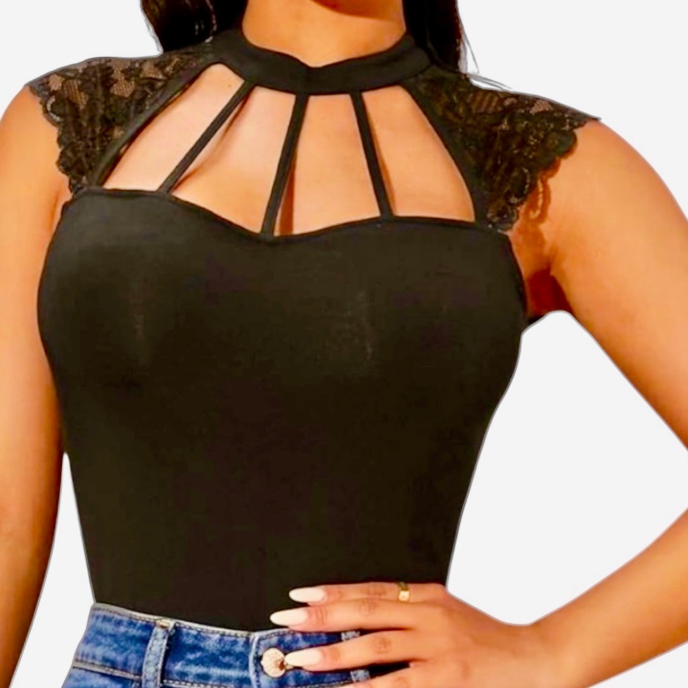 Small Black Sexy Vixen Top with Cutouts High choker neck stretchy w/ lace detail